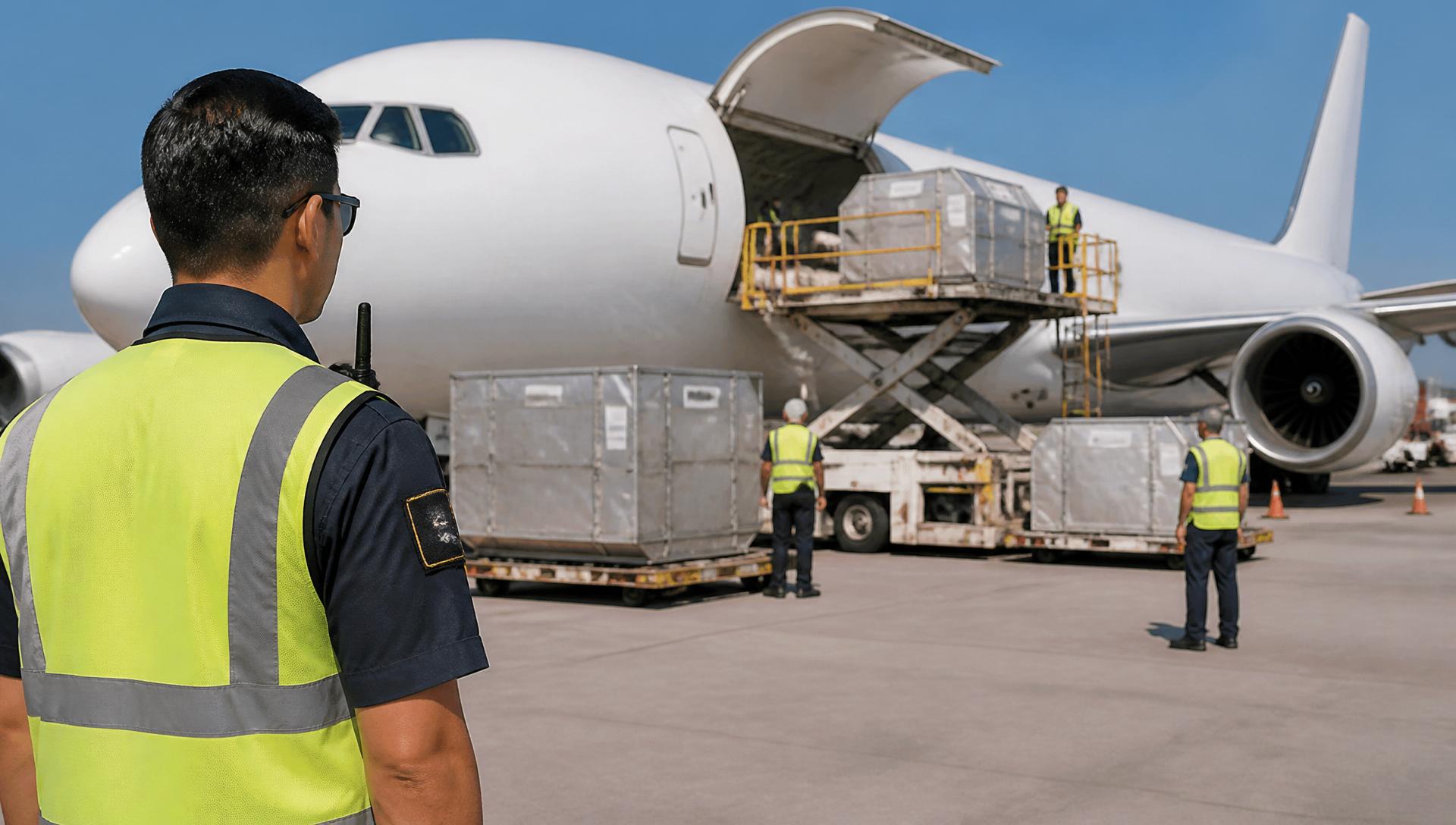 Professional air cargo operations with freight containers being loaded at an airport, emphasizing security and precision logistics
