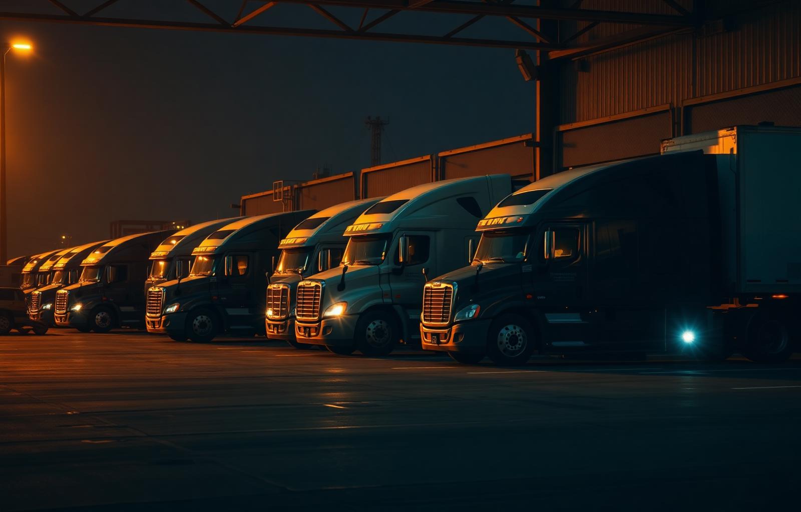 Fleet of freight trucks staged at an Alberta industrial loading dock at dusk