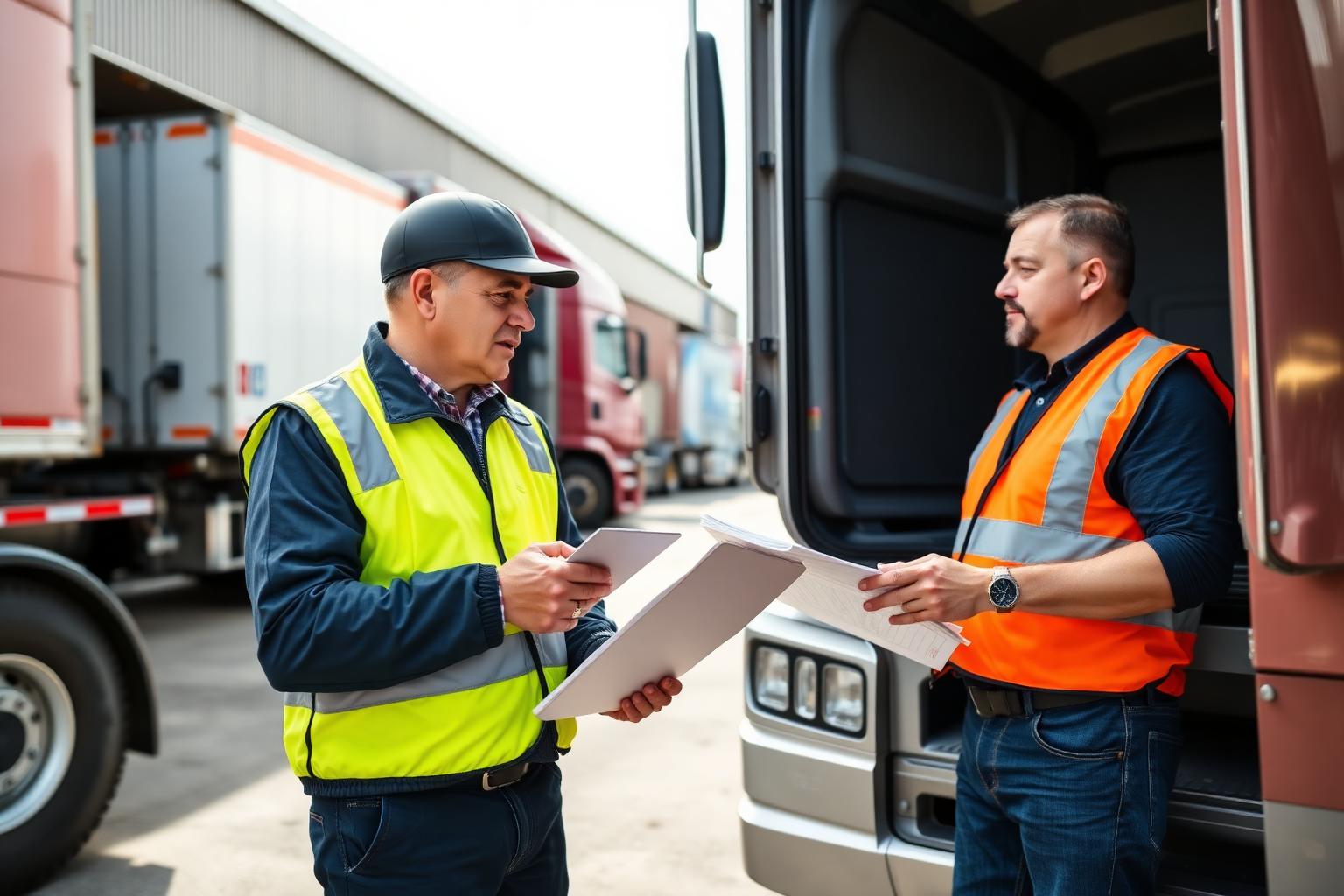 Freight Board Logistics evaluator reviewing a logbook and inspecting an air brake system with a Class 1 commercial driver on-site at a transport yard.
