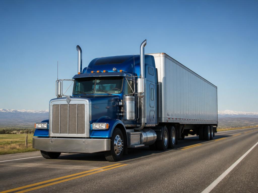 Blue Kenworth semi-truck with a trailer driving along an open highway in Alberta