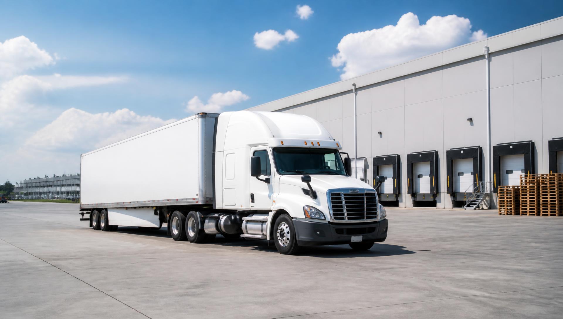 Modern semi-truck operating at a professional distribution center with clear clearance and freight in progress