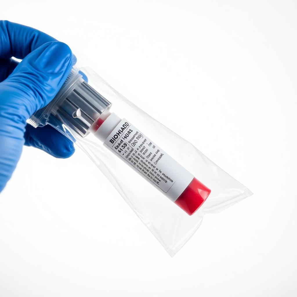 Gloved hand holding a specimen transport bag